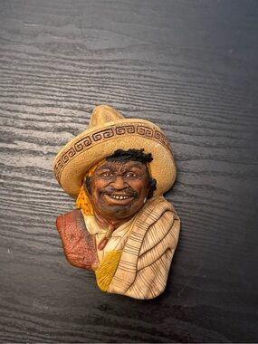 Vintage Mexican Man Sombrero 3D Resin Wall Plaque Hand Painted Folk Art